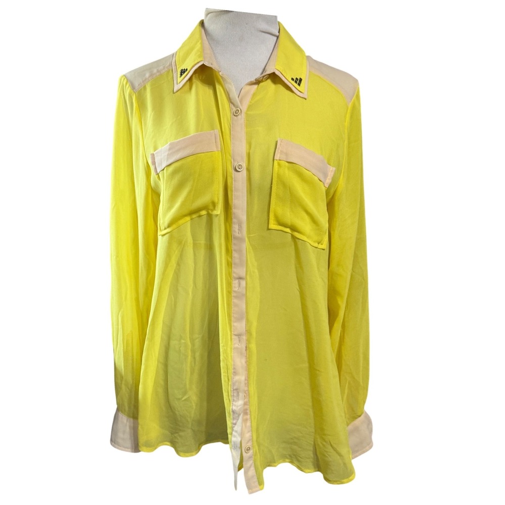 Democracy Blouse Womens Large Sheer Studded Collar Button Down Yellow Artsy Boho